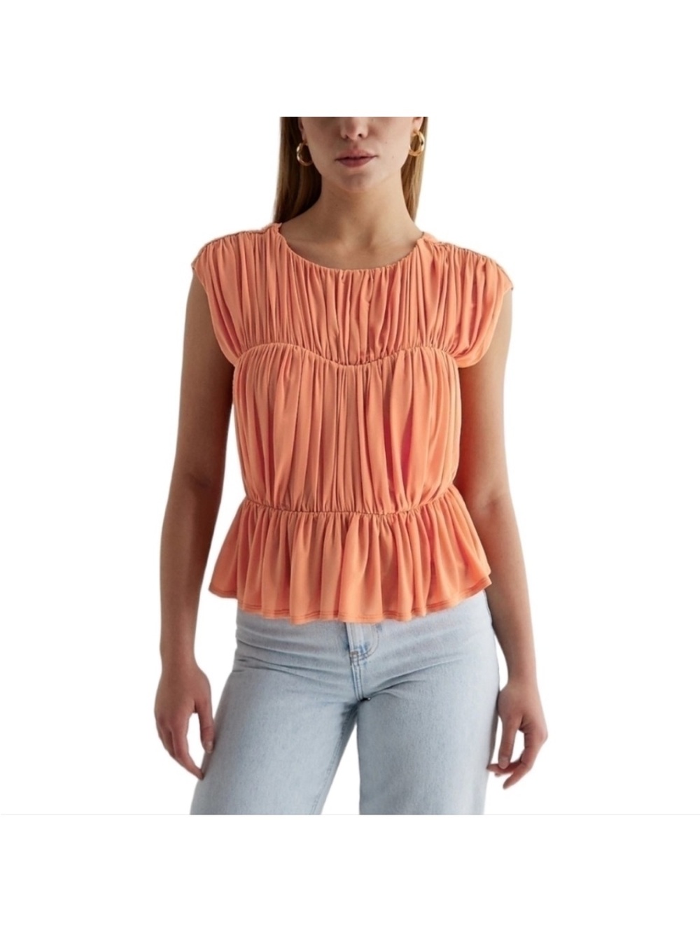 Express-Womens Coral Crewneck Sleeveless Peplum Blouse allover Ruching NWT sz L